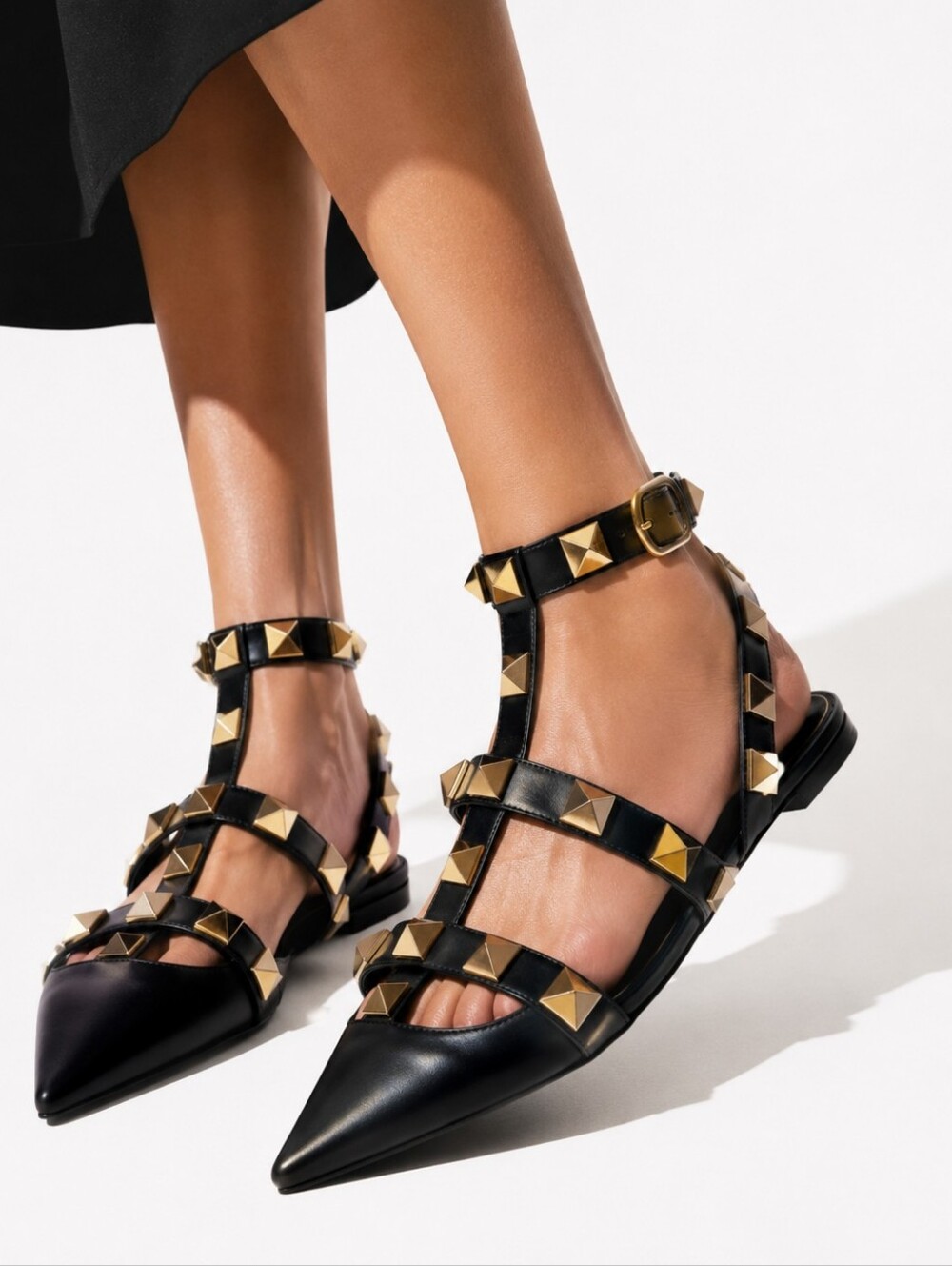 Valentino Garavani Roman Stud Ankle Strap Ballet Flats Black Leather EU 40 US 10